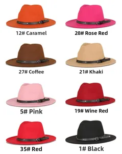 Multiple colors of wide brim wool fedora hats with stylish PU leather buckle bands