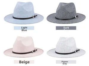 Detail view of four-color wool fedora hats with leather bands and silver buckles