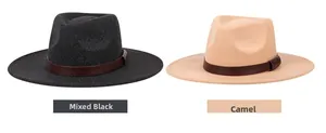 Detail of mixed black and camel wool fedora hats with leather embossed decorative bands