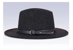 Detail of grey wool fedora hat featuring a black leather band with silver buckle accent