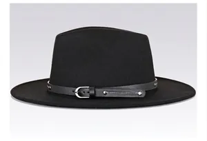 Side view of black wide brim fedora hat with leather belt and silver buckle detail