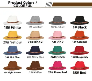 Detailed grid showing 16 color variants of wide brim fedora hats with leather belts