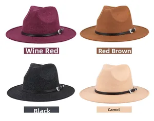 Detail view of four wool fedora hats with leather bands and vintage metal buckles