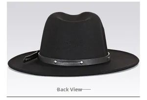 Rear view of black wool fedora hat featuring a studded leather band and wide brim