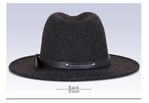 Back view of dark grey wool fedora hat featuring black leather band with metal rivets