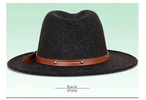 Detail view of the back of a charcoal wool fedora with a studded leather band