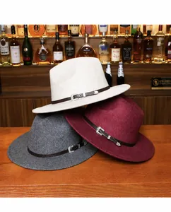 Three-color wool felt jazz hats featuring vintage leather belts and engraved buckles