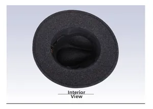Interior view of dark grey wool felt fedora hat with black sweatband and inner tag