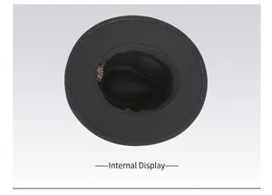 Detail of the inner sweatband and size label inside the black wide brim fedora hat