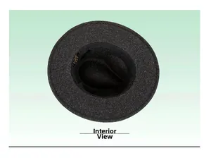 Detailed internal view of deep grey wool fedora hat with black sweatband and gold label