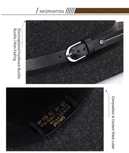 Detail of felt fedora hat showing electroplated metal buckle and 58cm inner size label