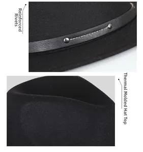 Detail of wool felt fedora featuring leather band with metal rivets and molded crown top