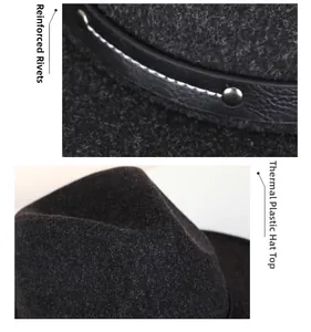 Detail of wool felt hat featuring reinforced metal rivets and thermoplastic crown molding