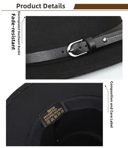 Close-up of black fedora hat with leather belt buckle and size label showing 58cm