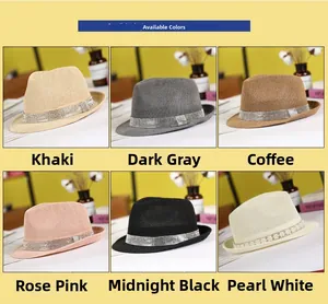 Six colors of straw fedora hats with rhinestone bands in a detailed grid display