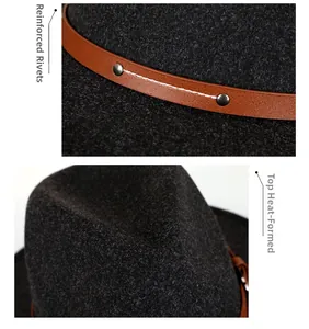 Close-up of wool felt fedora with brown leather band, reinforced rivets and molded top