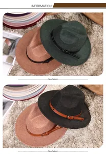 Close-up of wool fedora hats with leather buckle straps in green, camel and grey colors