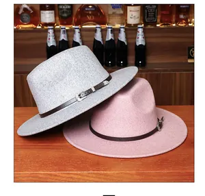Detailed close-up of wool fedora hats with leather bands and vintage metal buckles