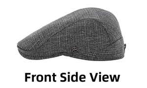 Détail de la texture en lin gris du béret avec logo métallique R sur le côté droit