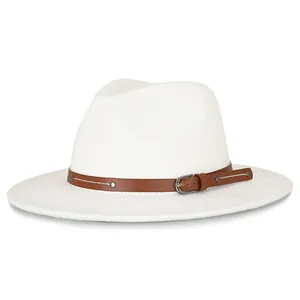 Classic white wool fedora hat with dark brown leather belt and metallic buckle detail