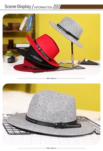 Detail of wool fedora hats with leather band and metal buckle in multiple colors