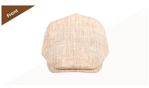 Vue de face de la casquette plate beige en lin avec texture tissée au style minimaliste