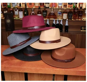 Detail of multi-color wide brim fedora hats with LHASA embossed leather hatband