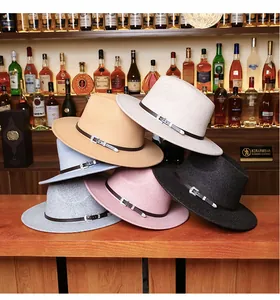 Wide brim wool fedora hats in five colors with leather bands on a wooden bar counter