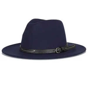 Classic navy blue wide brim fedora hat with black leather belt and silver metal rivets