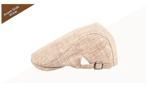 Vue latérale détaillée d'une casquette plate en lin marron clair avec boucle réglable