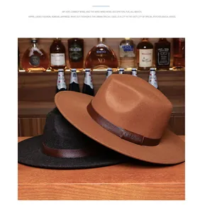 Detail of premium wool fedora hats featuring LHASA embossed leather bands in a bar setting