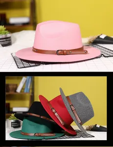 Wide brim wool fedora hats with leather belts and metal buckles in assorted colors