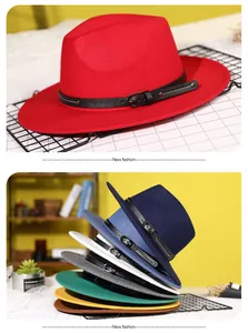 Close-up of wool fedora hat with a leather buckle band in multiple stylish colors