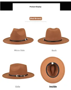 Multi-angle views of a reddish-brown wide brim fedora hat with a leather decorative band