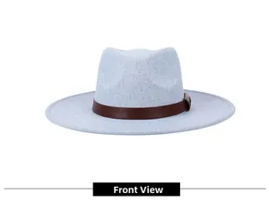 Front view of a light blue wool fedora hat with wide brim and brown leather band detail