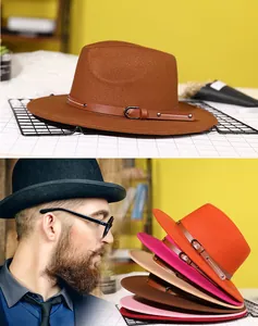 Detail showing various colors of wide brim fedora hats with leather buckled bands