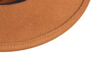 Close-up of thick brown wool fedora brim with premium stitching and fine texture details