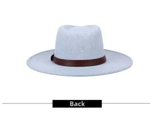 Back view of a light gray wide brim wool fedora hat with a brown leather band