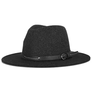 Vintage British Wide Brim Fedora Hat Unisex Polyester Cotton Felt Jazz Hat With Leather Belt Buckle Rivets Autumn Winter Warm Cap