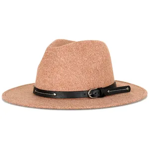 Classic camel wide brim fedora hat with black leather belt and silver metal buckle