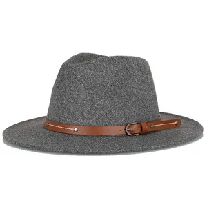 Classic dark grey wool fedora hat with brown leather belt trim for autumn and winter