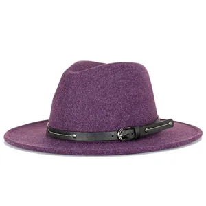 Classic purple wool fedora hat with a black leather belted buckle trim and flat brim