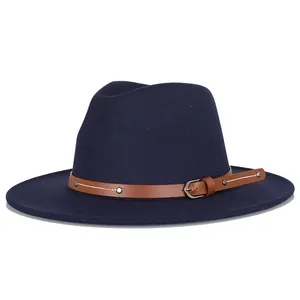 Classic dark blue fedora hat with a wide brim and brown leather strap with metal buckle