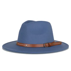 Classic blue wool felt fedora with a brown leather band and silver buckle detail
