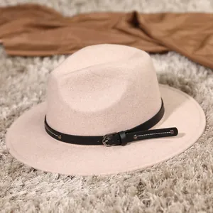Classic two-tone wool fedora hat with elegant black leather buckle band and wide brim