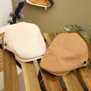 Classic breathable linen flat caps for men and women in beige and brown woven texture