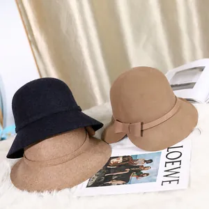 Vintage 100% Wool Cloche Hat For Women Elegant Autumn Winter Round Top Woolen Felt Bow Fedora Notched Brim Warm Party Dress Hat