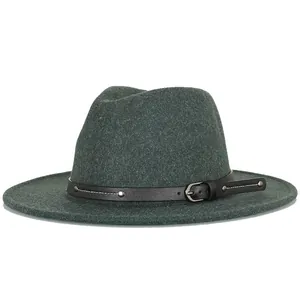 Deep green wool felt fedora hat with black buckled leather band and classic wide brim