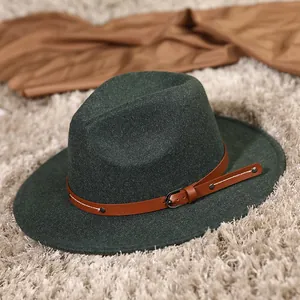 Deep green wool fedora with a brown leather decorative band and metal buckle detail