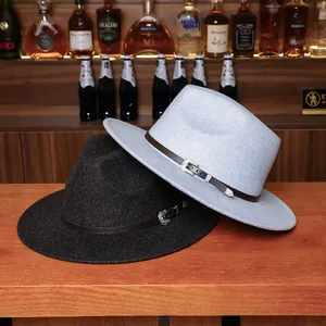 Classic wool felt fedora hats in grey tones with vintage leather belts and metal buckles
